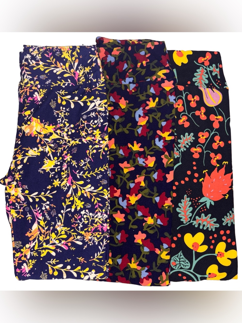Lot of 3 LuLaRoe Leggings Size OS Floral Patterns Navy Blue Black Orange Yellow